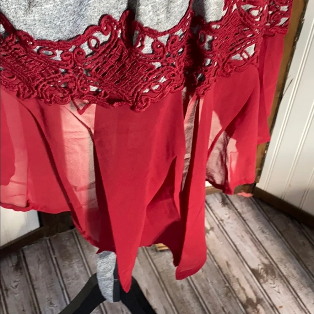 Silky sexy gray and red lace Kimono robe tie waist bell batwing sleeves s m l - Picture 3 of 9